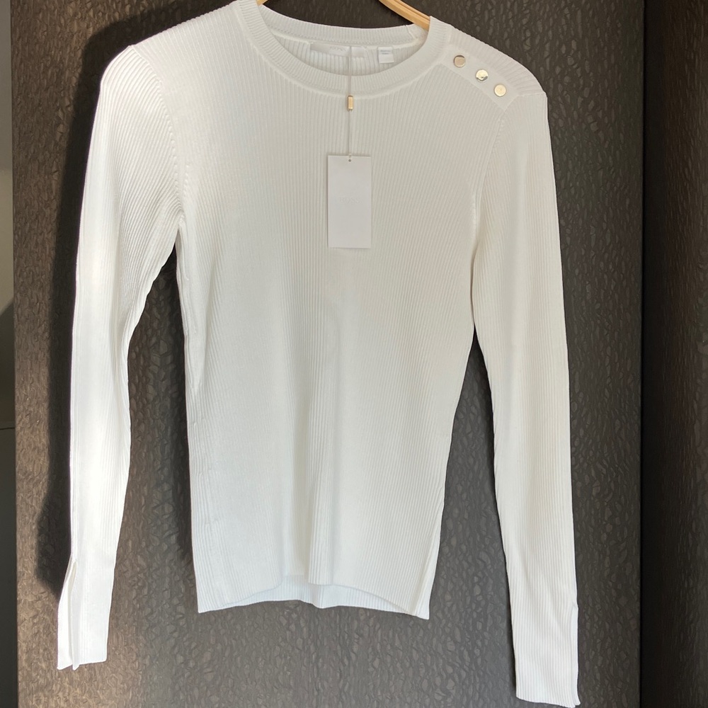 HUGO BOSS Women's "Fangeli" White Long Sleeve Ribbed Stretch Sweater Size L NWT